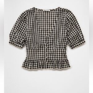 American Eagle Gingham V-neck Puff Sleeve Corset Top